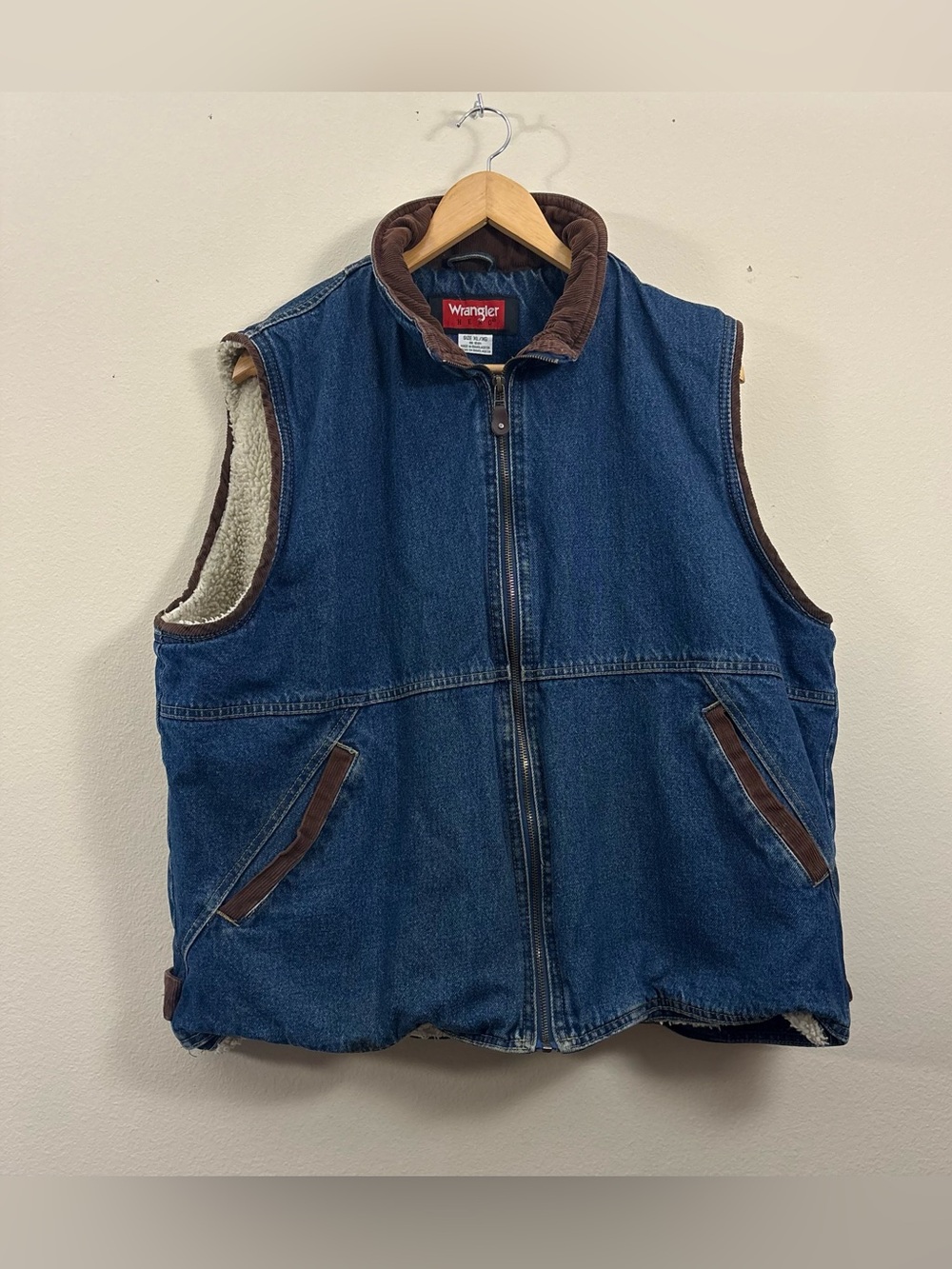 Wrangler Hero Vest Denim Fleece Lined Full Zip Blue Tan Size XL western workwear